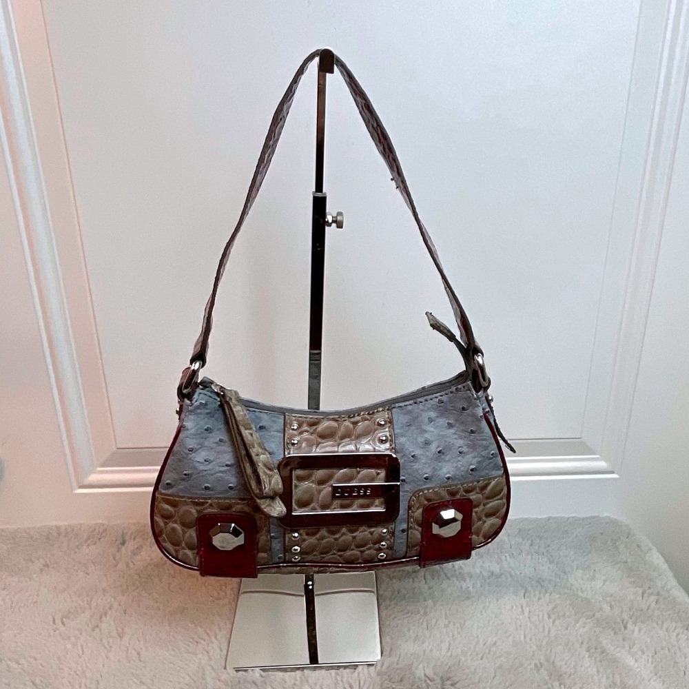 Vintage Guess Patchwork Shoulder Bag Ostrich Crocodile Embossed Y2K Buckle Logo